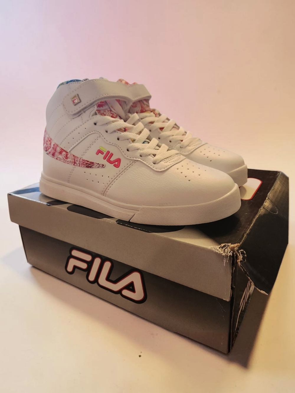 Fila White High-Top Sneakers with Pink Accents